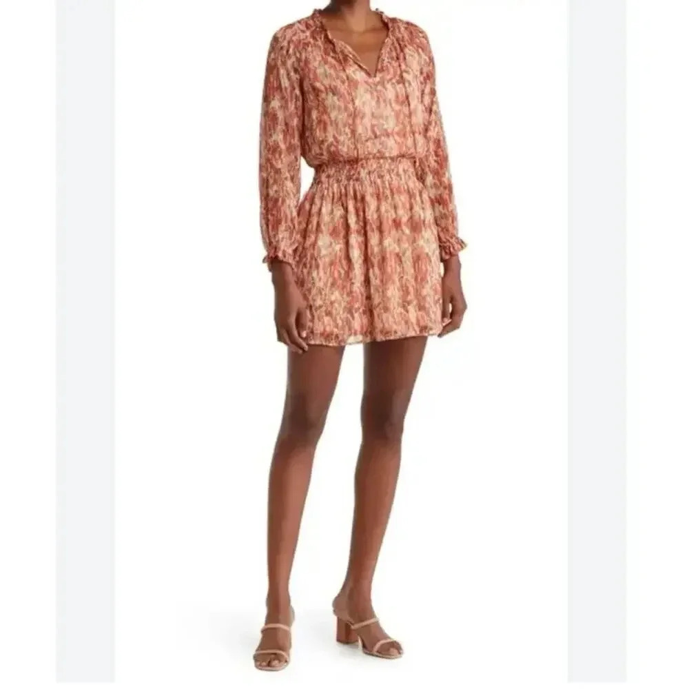 Socialite, S, chiffon floral sheer lined smocked waist longsleeve shirt dress 